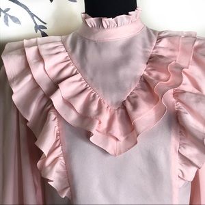 Candies Vintage Ruffle Pink Button High Neck Down Blouse